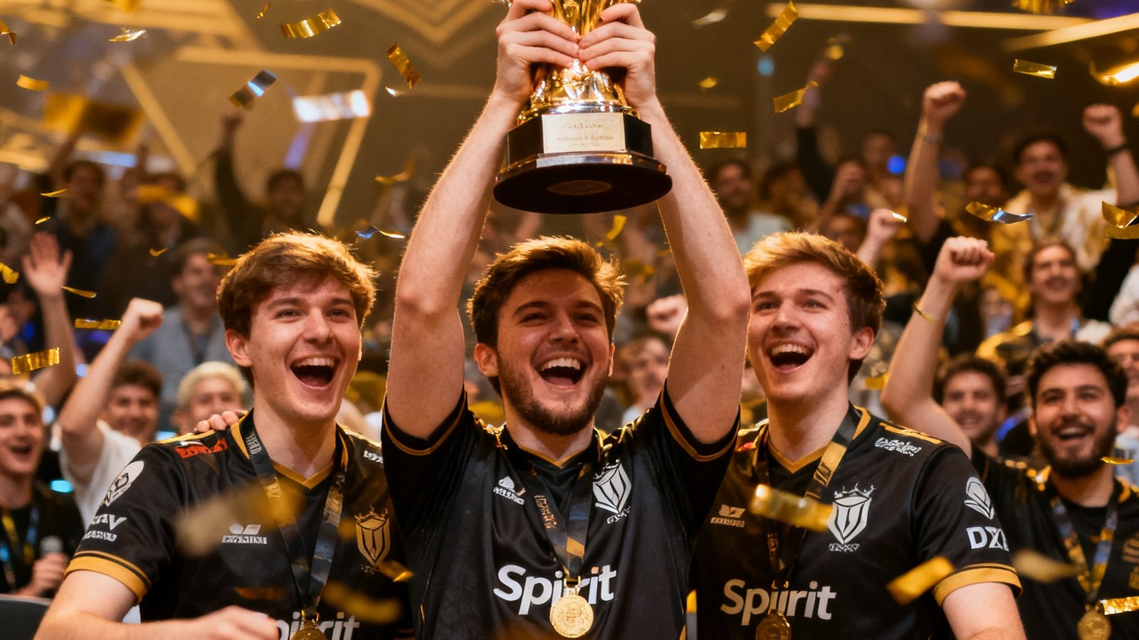 DOTA2利雅得大师赛总决赛Spirit战队击败GG战队，队员们兴奋举起奖杯，彩带飞舞。